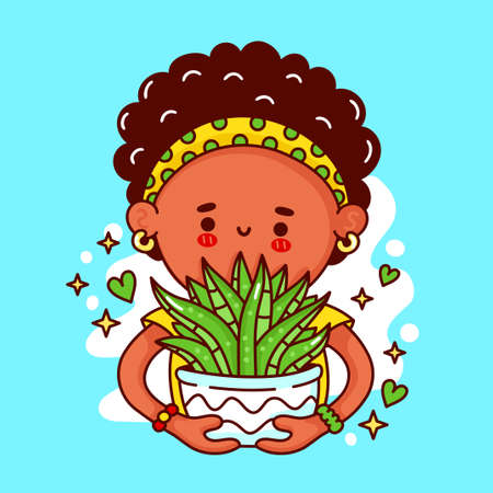 Cute funny happy lady girl with succulent plant in pot. Vector flat line cartoon kawaii character illustration logo icon. Woman, girl hold houseplant,succulent plant in pot conceptのイラスト素材