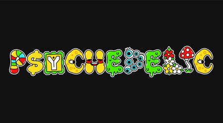 Psychedelic word,trippy psychedelic style letters.Vector hand drawn doodle cartoon character logo illustration.Funny cool trippy letters,Psychedelic, acid fashion print for t-shirt,poster conceptのイラスト素材