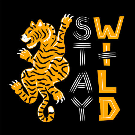 Cool asian tiger. Stay wild slogan quotes. Vector hand drawn doodle style cartoon character illustration.Tiger,stay wild text print design for sticker,poster,t-shirtのイラスト素材