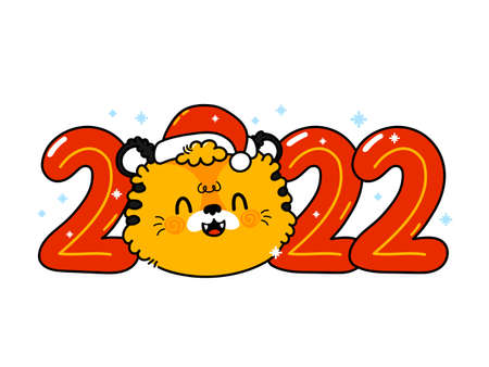 Cute funny 2022 New Year symbol tiger in christmas cap character. Vector cartoon kawaii character illustration banner. Isolated on white background. Tiger symbol of New Year 2022 character conceptのイラスト素材