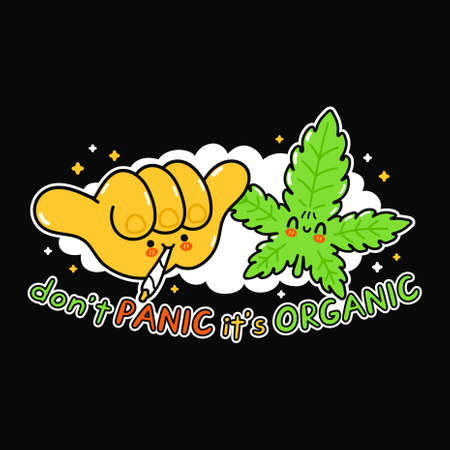 Shaka gesture with marijuana joint and weed leaf. Dont panic its organic slogan. Vector hand drawn doodle cartoon illustration icon. Shaka gesture,weed, marijuana print for t-shirt,poster,card conceptのイラスト素材