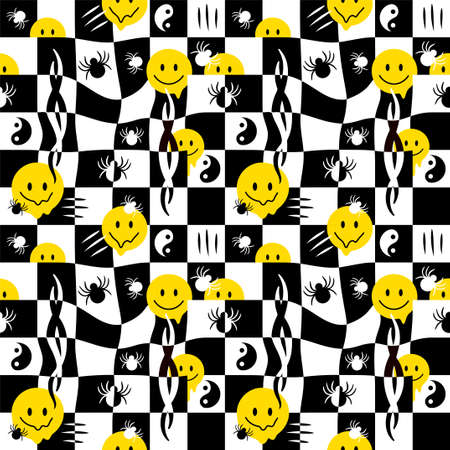 Funny melt smile faces,spider seamless pattern.Vector hand drawn doodle cartoon character illustration.Smile faces melting, acid, trippy,cells, spiders, tribal seamless pattern wallpaper print conceptのイラスト素材