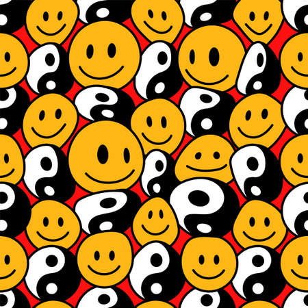 Psychedelic deformed wavy smile face and Yin Yang seamless pattern. Vector hand drawn line doodle cartoon illustration wallpaper. Trippy lsd print,Yin Yang,smile face seamless pattern conceptのイラスト素材