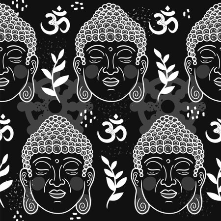Buddha portrait in scandinavian style seamless pattern. Vector cartoon character illustration icon. Buddha face character nursery,yoga print for poster,card,t-shirt seamless pattern wallpaper conceptのイラスト素材