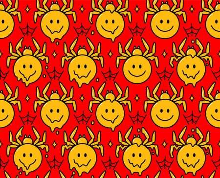 Psychedelic spider smile face character. Vector hand drawn doodle cartoon character illustration.Smile face spider print for poster, t-shirt conceptのイラスト素材