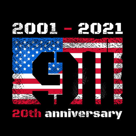 Patriot day design with American flag and New York World Trade Center twin towers skyline. Vector illustration design. Remember 911, 11 september attack conceptのイラスト素材