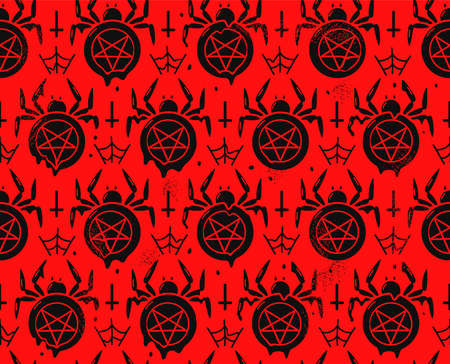 Scary spider with pentagram halloween seamless pattern. Vector hand drawn doodle cartoon illustration.Evil spider,pentagram,satan,dark,gothic seamless pattern for halloween poster, t-shirt conceptのイラスト素材