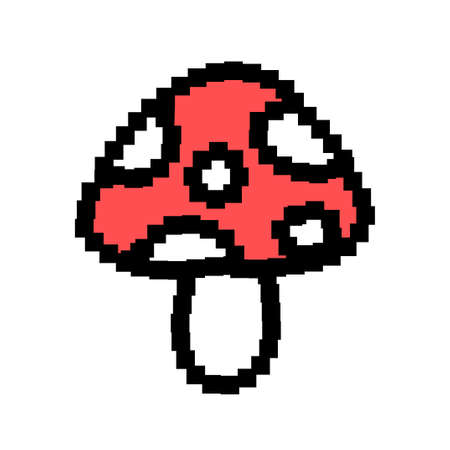 Funny amanita mushroom pixel art icon. Vector doodle cartoon graphic illustration design. Isolated on white background.Amanita mushroom pixel art,8 bit,16 bit style print for poster, t-shirt conceptのイラスト素材
