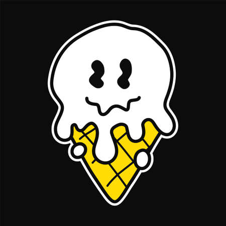 Melting deformed ice cream for tee,t-shirt print. Vector hand drawn line 70s style cartoon illustration. Melting ice cream print for t-shirt,poster,card conceptのイラスト素材