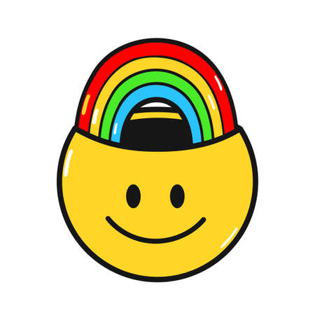 Funny smile face with rainbow inside. Vector hand drawn doodle 90s style cartoon character illustration.Positive smile face,antidepressant,rainbow,creative mind conceptのイラスト素材