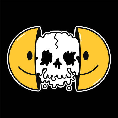 Two half of smile face with melting skull inside. Vector hand drawn doodle cartoon character illustration. Smile emoji face,melt flex acid skull in head,techno print for t-shirt, poster, card conceptのイラスト素材