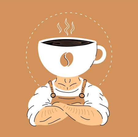 Strong muscular barista man with coffee cup head.のイラスト素材
