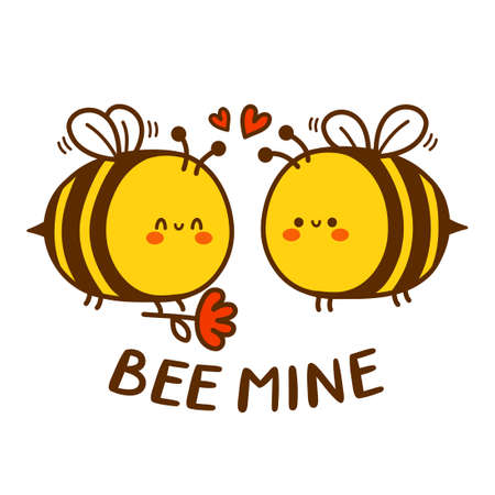 Cute funny bee present flower character. Bee mine quote. Vector hand drawn cartoon kawaii character illustration icon. Cute kawaii romantic,love,couple card,poster conceptのイラスト素材