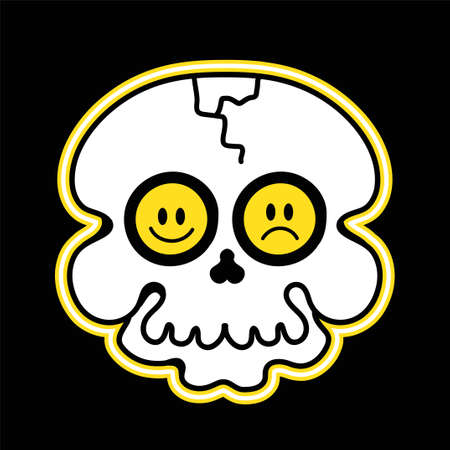 Skull with sad and happy smile emoji eyes. Vector hand drawn doodle 70s style cartoon character illustration.のイラスト素材