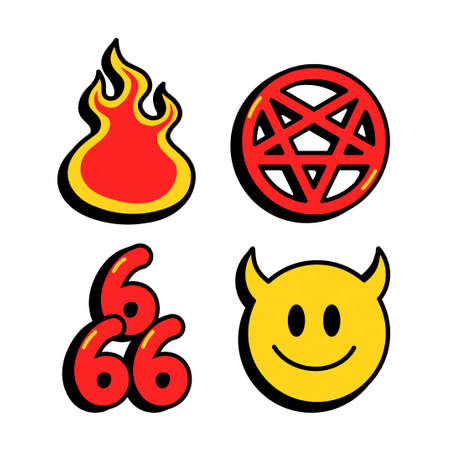 Funny demon smile face,hell fire,666,pentagram numbers set collection.のイラスト素材