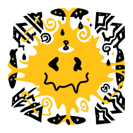 Acid surreal distorted melt smile face. Acid quote text. Vector trendy illustration.Deform,distortion,acid,lsd,techno,trippy smile face trendy print for cover,t-shirt,poster,sticker wallpaper conceptのイラスト素材