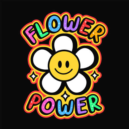 Smile emoji face in flower t-shirt print design.Flower power slogan.のイラスト素材
