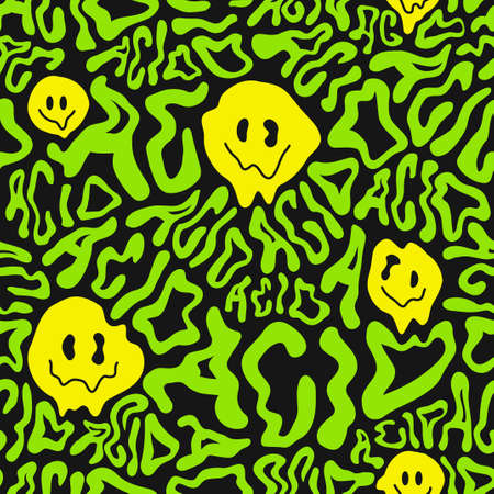Deformed wavy acid word and melt smile face seamless pattern wallpaper.のイラスト素材