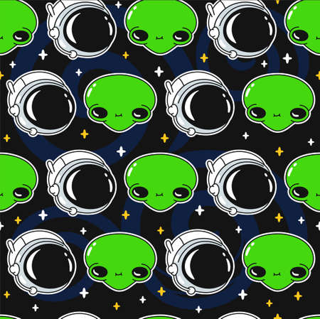 Cute funny happy alien smile face and astronaut in cosmos seamless pattern.のイラスト素材