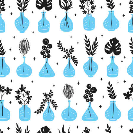 Leaves,flowers,plants and branches in bottles and vases seamless pattern.のイラスト素材