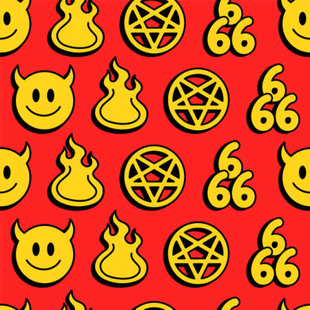 Funny demon smile face,hell fire,666 numbers,pentagram seamless patternのイラスト素材