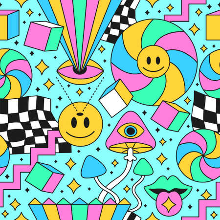 Funny triply 60s style psychedelic geometry seamless pattern.のイラスト素材