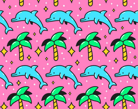 90s pink retro vintage palm and jump dolphin seamless pattern.