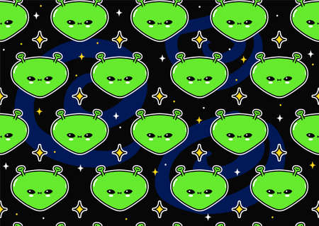 Cute funny happy alien smile face in cosmos seamless pattern.のイラスト素材