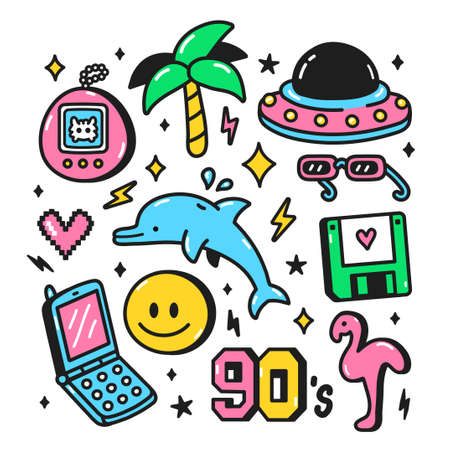 90s retro vintage teen style stickers set.のイラスト素材