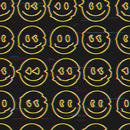 Funny psychedelic surreal melt glitch smile face seamless pattern.のイラスト素材