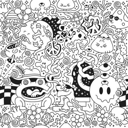 Psychedelic triply seamless pattern,page for coloring book.Mushroom,magic wizard smoking.Vector cartoon character illustration.Trippe 60s,70s,magic mushroom,acid,cannabis seamless pattern art conceptのイラスト素材