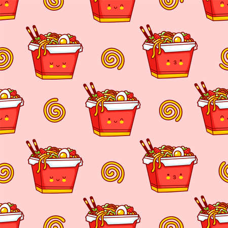 Cute funny happy wok noodle box character seamless pattern. Vector doodle line cartoon kawaii character illustration icon. Asian food, noodle, wok box character seamless pattern conceptのイラスト素材