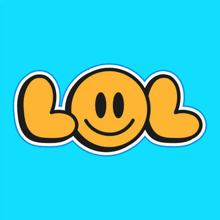 Funny lol quote with smile emoji face. Vector cartoon character illustration logo.Smile yellow face,lol text print for t-shirt,poster,card conceptのイラスト素材