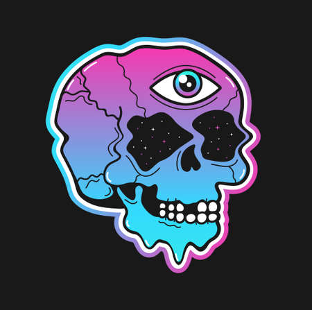 Psychedelic trippy skull with open third eye. Vector hand drawn doodle line cartoon character illustration. Psychedelic,acid,skull,third eye print for t-shirt, poster,sticker,cover,card conceptのイラスト素材
