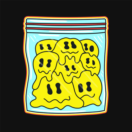 Melt smile face in plastic zip bag. Vector hand drawn doodle line cartoon illustration. Acid,psychedelic trippy face,smile emoji,drugs,lsd print for t-shirt, poster,sticker conceptのイラスト素材