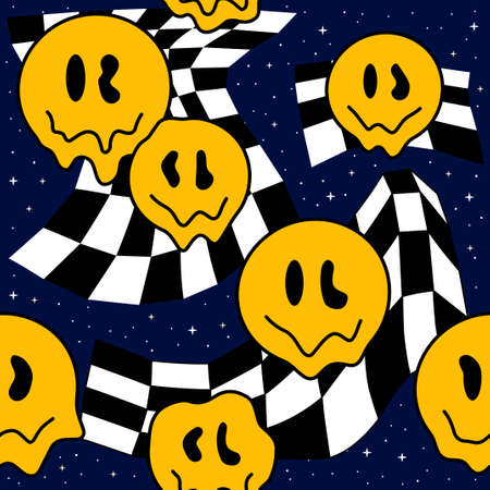 Perspective check grid,space,smile face,melt psychedelic acid seamless pattern art.Vector graphic...