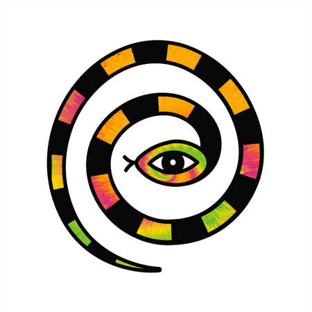 Snake in spiral t-shirt print design. Vector tie dye hand drawn logo cartoon character illustration. Trippy tie dye snake,psychedelic,spiral print for t-shirt,poster,sticker,logo conceptのイラスト素材