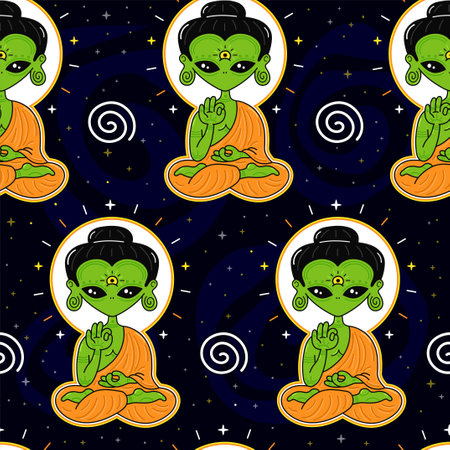 Funny Buddha alien sit in lotus yoga pose. Vector hand drawn cartoon kawaii character logo illustration. Buddha,buddhist,alien,ufo,green cosmic creature character t-shirt,logo,sticker print conceptのイラスト素材