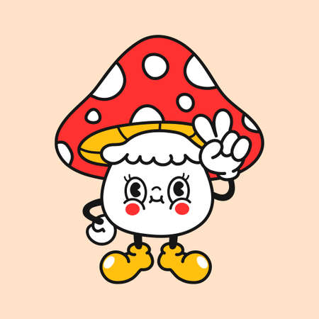 Cute funny amanita mushroom show peace gesture t-shirt print design. Vector retro vintage cartoon character illustration. Funny hippie mashroom print for t-shirt,poster,sticker,logo art conceptのイラスト素材