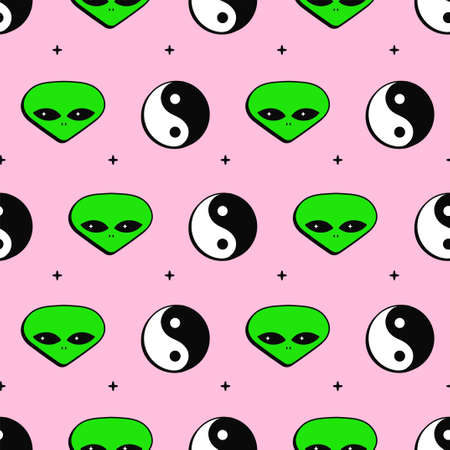 Yin Yang and alien face seamless pattern.Vector cartoon character illustration icon design.Yin...