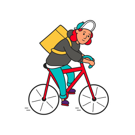 Food delivery man rides a bike. Vector trendy doodle cartoon style character illustration icon. Trendy fashion delivery boy logo. Isolated on white backgroundのイラスト素材