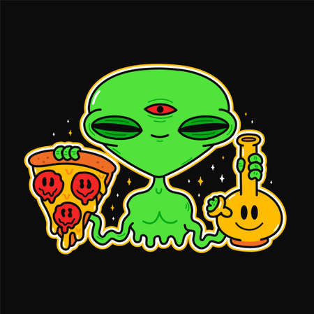 Funny green alien with pizza slice and bong.Vector logo cartoon character illustration.Green alien,smoke weed,bong,marijuana,cannabis print for t-shirt,poster,sticker,logo art conceptのイラスト素材