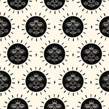 Sun with third eye seamless pattern wallpaper.Vector graphic illustration.Sun,magic solar symbol...