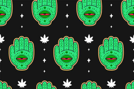 Hand with open red eye seamless pattern,wallpaper. Vector cartoon character illustration logo...