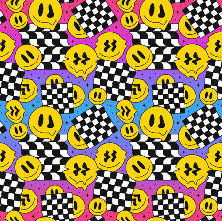 Funny melt smile faces geometry seamless pattern.Vector crazy cartoon character illustration.Smile...