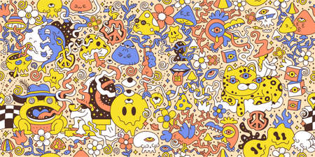 Psychedelic trippy seamless pattern art.Mushroom,magic wizard smoking,melt smile face.Vector cartoon hippie illustration doodle.Trippy 60s,70s,magic mushroom,acid,cannabis seamless pattern art conceptの写真素材