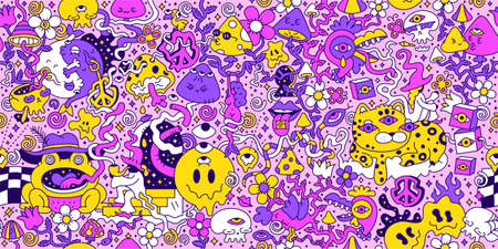 Psychedelic trippy seamless pattern art.Mushroom,magic wizard smoking,melt smile face.Vector cartoon hippie illustration doodle.Trippy 60s,70s,magic mushroom,acid,cannabis seamless pattern art conceptの写真素材