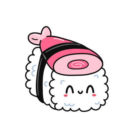 Cute funny sushi. Vector hand drawn cartoon character illustration logo icon. Cute Japan anime,manga style sushi cartoon conceptのイラスト素材