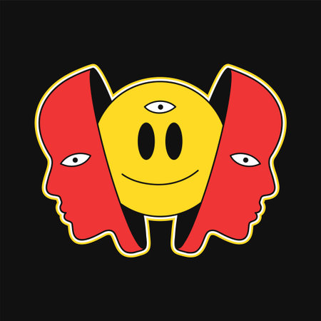Human head,smile face emoji. Vector hand drawn doodle cartoon character illustration. Smile face,third eye print for t-shirt,poster,card conceptのイラスト素材