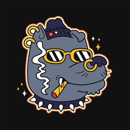 Funny dog smoke joint.Vector logo cartoon character illustration. Dog,wolf,high,weed,marijuana,cannabis,joint,smoker print for t-shirt,poster,sticker,logo art conceptのイラスト素材